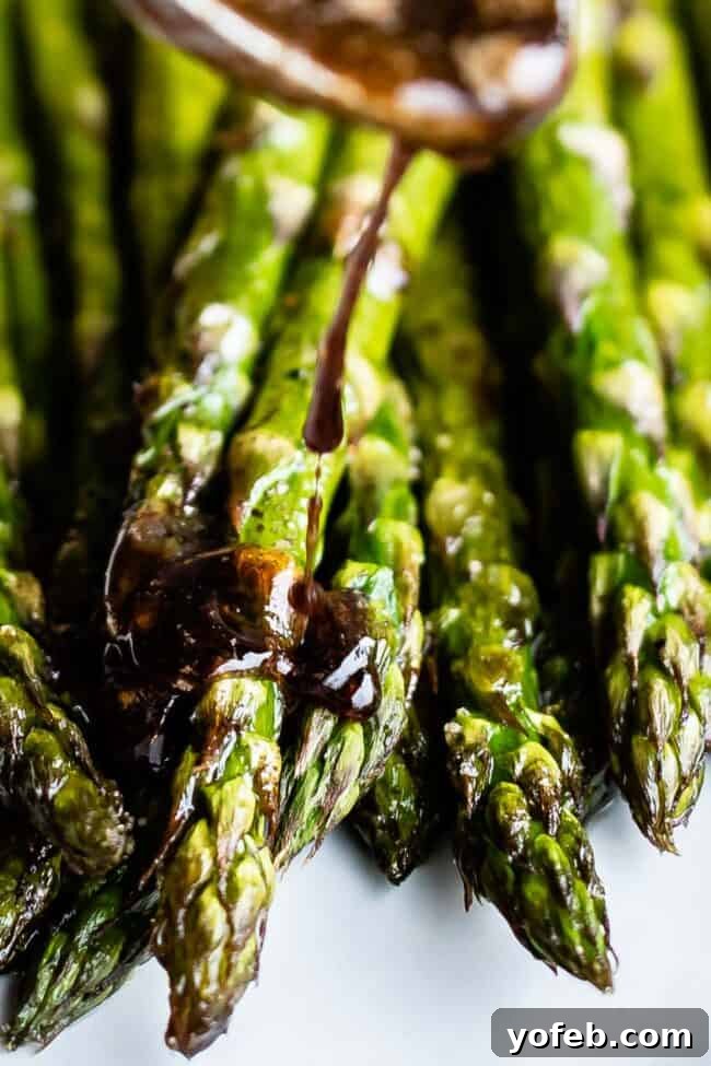 Simplicity and flavor collide with this perfectly roasted asparagus. A healthy and delicious addition to any meal, proving vegetables can be exciting! #CleanEating #VegetableRecipe #QuickDinner A close-up view of perfectly roasted asparagus spears on a white plate, showing their tender texture and slight char.