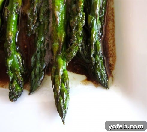 Proof that perfectly prepped asparagus makes all the difference. Enjoy every tender bite of this oven-roasted delight. #AsparagusTips #CookingTechnique #FoodPrep A close-up of the perfectly trimmed ends of oven-roasted asparagus on a white plate, subtly glazed with balsamic.