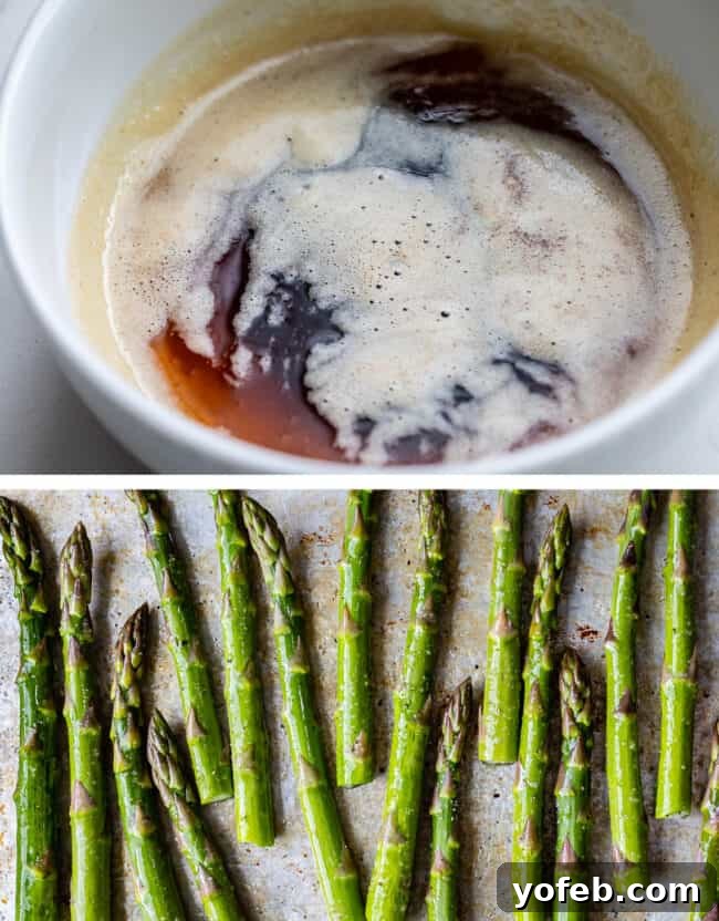 The perfect duo: asparagus ready for roasting and butter ready to be browned for an extraordinary sauce. #CookingProcess #IngredientLove #FoodPrepIdeas A small bowl of glistening browned butter sits next to a baking sheet of asparagus, prepped for roasting.
