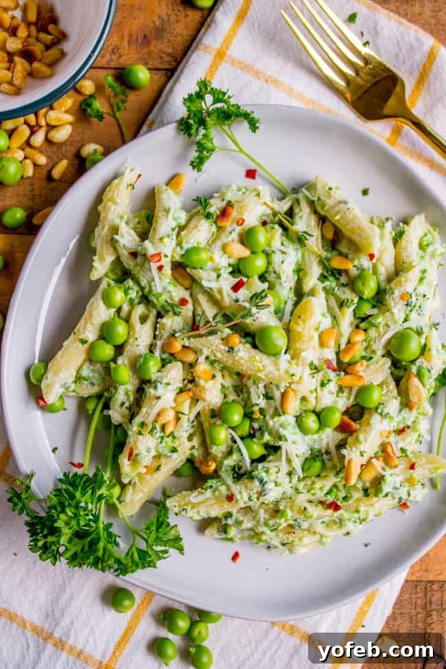 Lemon Ricotta Pasta with Fresh Peas (30 Minutes) from The Food Charlatan. This lemon pasta recipe is perfect for summer! It is so easy and done in 30 minutes. The cheesy sauce is made by blending ricotta with peas and lemon. Top it with Parmesan and garden fresh peas, and you have a hearty vegetarian dinner! It's so good! #pasta #lemonpasta #ricotta #ricottapasta #peas #freshpeas #pinenuts #summer #easy #easyrecipe #30minutes #parmesan #garlic #creamy #sauce #healthy #vegetarian #onepot A close-up of the delicious Lemon Ricotta Pasta with Fresh Peas, showing its creamy texture and vibrant green color