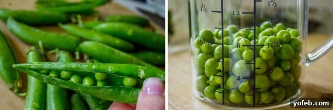 Lemon Ricotta Pasta with Fresh Peas (30 Minutes) from The Food Charlatan. This lemon pasta recipe is perfect for summer! It is so easy and done in 30 minutes. The cheesy sauce is made by blending ricotta with peas and lemon. Top it with Parmesan and garden fresh peas, and you have a hearty vegetarian dinner! It's so good! #pasta #lemonpasta #ricotta #ricottapasta #peas #freshpeas #pinenuts #summer #easy #easyrecipe #30minutes #parmesan #garlic #creamy #sauce #healthy #vegetarian #onepot Close-up of fresh peas, highlighting their vibrant green color and delicate texture