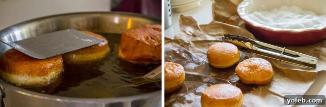 Frying technique for homemade donuts: using a spatula to ensure even cooking. Then, donuts cooling on a paper bag, perfectly golden and ready for their sweet sugar coating. Left image depicts gently pressing a donut into hot oil with a spatula for even frying. Right image shows freshly fried, sugar-coated donuts cooling on a paper bag, ready for filling.