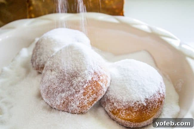 Don't skimp on the sugar! See sugar generously coating warm Nutella donuts, enhancing their irresistible appeal and sweet crunch. A cascade of sugar generously coating warm, freshly fried donuts in a bowl, creating a perfect sweet exterior.