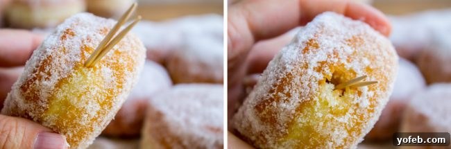 Learn how to prepare donuts for filling: toothpicks show where to poke and create space for the luscious Nutella, ensuring a perfectly stuffed treat. Toothpicks inserted into fried and sugared donuts, illustrating how to create entry points for piping in the delicious Nutella filling.