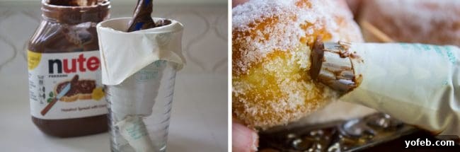 Essential tools for Nutella Filled Donut recipe: A jar of Nutella and a piping bag, ready to infuse each soft donut with rich, chocolatey goodness. A jar of Nutella and a piping bag prepared with a tip, essential tools for filling homemade donuts with creamy chocolate hazelnut spread.