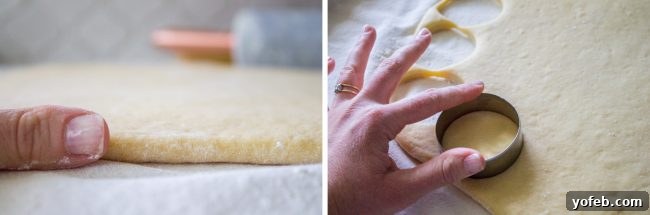 Visual guide for homemade Nutella donuts: See the rolled dough being precisely cut with a biscuit cutter, ensuring perfectly shaped donut bases. Left image shows donut dough rolled out and being cut with a biscuit cutter for uniform shapes. Right image shows donut rounds neatly arranged on a baking sheet, ready for the second rise.