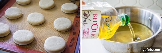 Observe the generous rise of donut dough on a pan, indicating perfect yeast activity. Also, see the setup for frying with oil being poured, a key step in homemade donut making. Left image displays donut rounds rising on a parchment-lined pan, showing significant expansion. Right image shows oil being carefully poured into a deep pan, preparing for frying.
