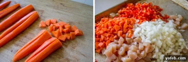 Finely chopped carrots and onions ready for Sheet Pan Chicken Fried Rice