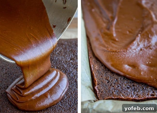 How to Perfectly Pour and Spread Chocolate Glaze on Warm Texas Sheet Cake. Rich, warm chocolate frosting being poured generously over a freshly baked chocolate cake in a jelly roll pan.