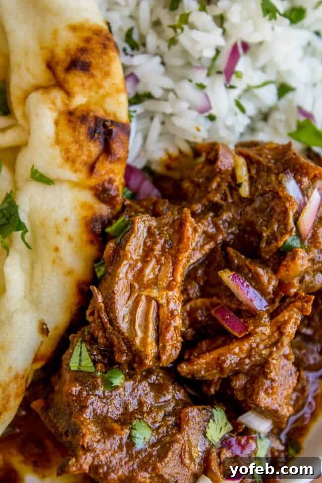 Effortless Beef Curry 3 Close-up of beef curry garnished with red onions and cilantro, served with fluffy white rice and a piece of naan bread.