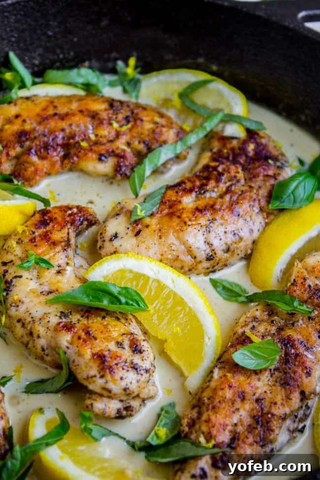 Lemon Basil Cream Sauce with Seared Chicken Close-up of golden-brown chicken tenderloins surrounded by a vibrant lemon basil cream sauce in a skillet.