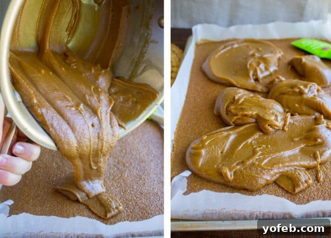 Pouring Caramel Frosting on Sheet Cake Thick, golden Southern caramel frosting being poured from a saucepan directly onto a cooled sheet cake, ready to spread.