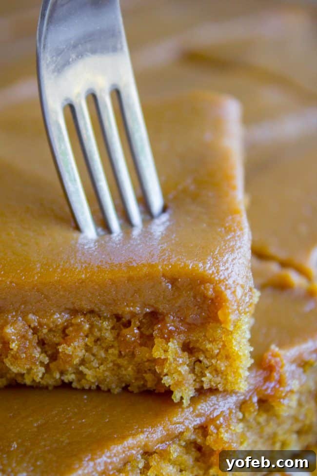 Perfectly Frosted Caramel Cake Slice A close-up of a fork gently piercing into a square of caramel cake, revealing the thick, glossy caramel icing.