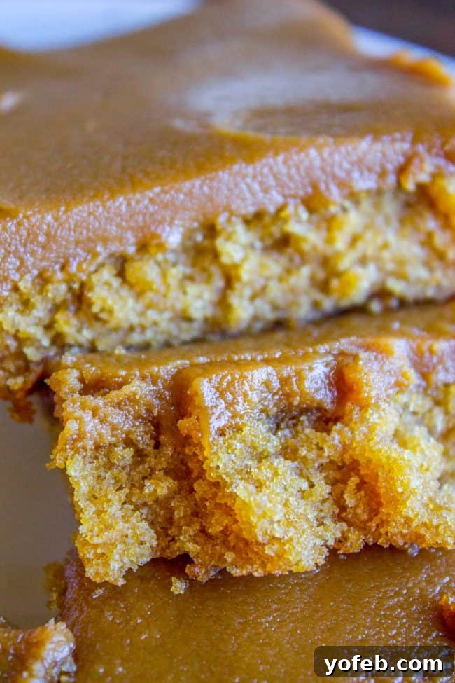 Moist Caramel Cake Squares A close-up view of freshly baked caramel cake cut into perfect squares, showcasing its moist texture and golden-brown top.