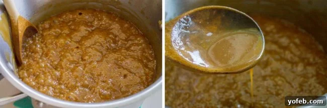 Boiling Caramel Frosting Base Close-up of bubbling butter and brown sugar mixture in a pot, creating the base for the rich caramel icing.