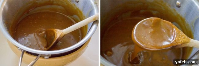 Caramel Frosting in an Ice Bath Caramel frosting in a pot, cooling in an ice bath to achieve a thick, smooth consistency for the cake.