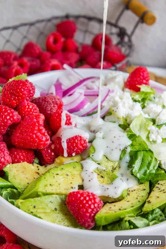 Romaine Salad with Raspberries - A delightful and healthy combination. Crisp romaine lettuce forming the bed for a colorful raspberry avocado salad.