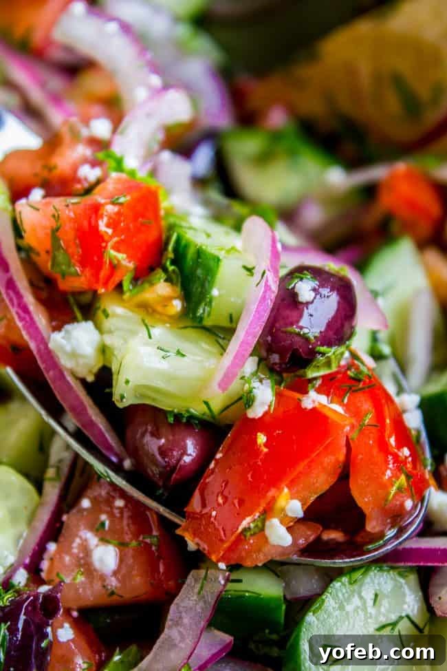 Homemade Greek Salad with Feta: Quick, simple, and packed with authentic flavors from fresh herbs, perfect as a light lunch or BBQ side. #cucumber #tomato #salad #olive #kalamata #mint #dill #fresh #recipe #dressing #healthy #easy #authentic #feta #oregano #traditional #chopped #classic A close-up shot of a spoon lifting a portion of fresh Greek Tomato Cucumber Salad, showcasing feta cheese, red onion, and Kalamata olives, dressed in a light vinaigrette.