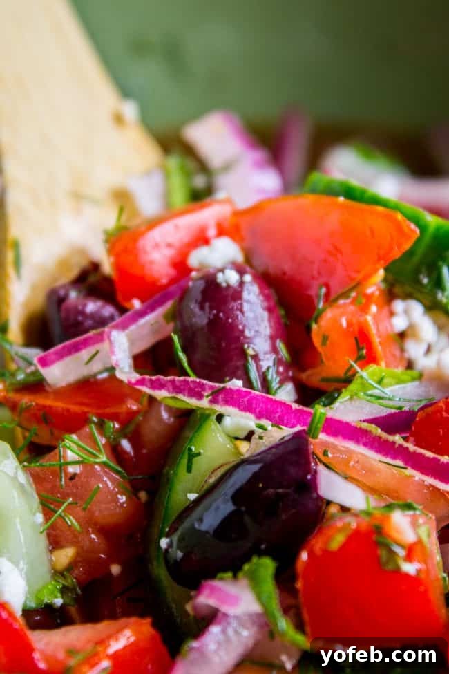 Healthy Greek Salad: A beautiful and easy Mediterranean-inspired side dish with fresh cucumber, tomato, feta, red onion, and Kalamata olives, ideal for any meal. #greeksalad #feta #cucumber #tomato #mediterranean #healthy A close-up of a refreshing Greek Tomato Cucumber Salad, generously garnished with crumbled feta cheese, thinly sliced red onion, and whole Kalamata olives, showcasing its vibrant colors and textures.