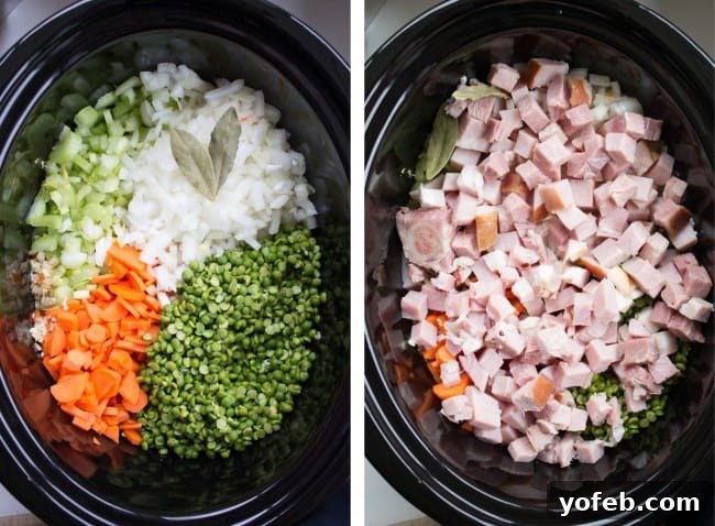 Hearty Split Pea and Ham Soup 4 A collage image displaying the key ingredients for slow cooker split pea soup, including ham, vegetables, and dried peas.