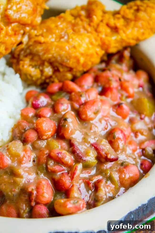 Soulful Cajun Red Beans and Rice 5 A beautifully presented plate of red beans and rice, topped with fresh herbs, served alongside crispy fried chicken.
