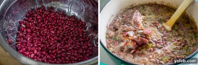 Soulful Cajun Red Beans and Rice 7 A bowl of uncooked dry red beans next to a pot filled with cooking red beans, ham hock, and vegetables.