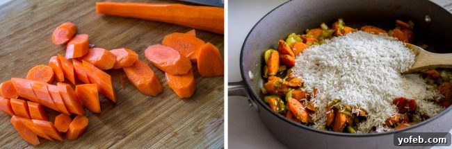 Aromatic Indian Chicken Biryani 10 Slicing carrots on a cutting board, then adding basmati rice to sauteed vegetables in a skillet.