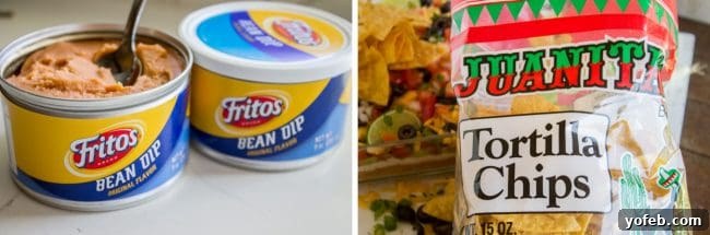 Carols Epic Seven Layer Bean Dip 7 Frito bean dip and tortilla chips.
