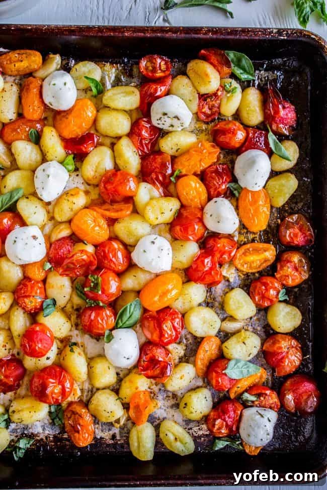 Gnocchi, cherry tomatoes, and mozzarella pearls tossed with olive oil and herbs on a parchment-lined baking sheet, prepped for roasting.