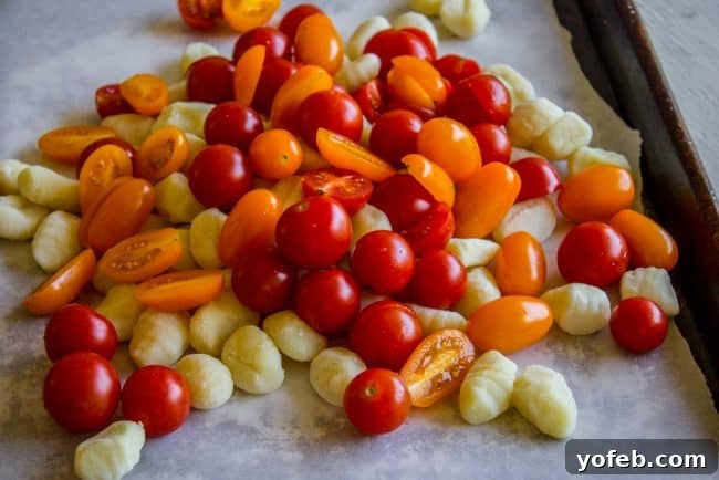 Roasted Sheet Pan Gnocchi with blistered cherry tomatoes and golden gnocchi, straight from the oven, before adding mozzarella.