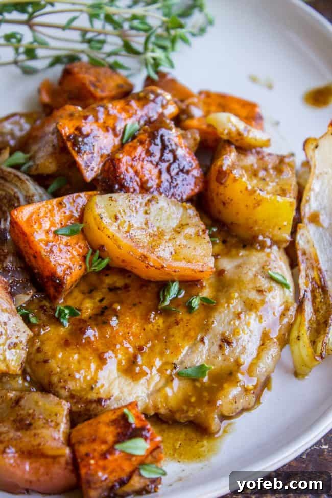 Glazed Pork Chops with Apples from The Food Charlatan. These Pork Chops with Apples are such an easy weeknight dinner! They are done in just a few minutes, and finished off in a delicious apple cider glaze. The cinnamon-spiced roasted apples and sweet potatoes will have your house smelling like autumn in no time. #apple #roasted #fall #cinnamon #applecider #onion #dinner #easy #weeknight #easy #fried #recipe #boneless #sauce #healthy #glazed A generous plate of pan-seared pork chops, roasted sweet potatoes, and cinnamon-spiced apples, glistening with a rich apple cider glaze.