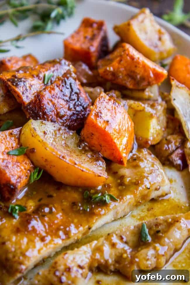 Glazed Pork Chops with Apples from The Food Charlatan. These Pork Chops with Apples are such an easy weeknight dinner! They are done in just a few minutes, and finished off in a delicious apple cider glaze. The cinnamon-spiced roasted apples and sweet potatoes will have your house smelling like autumn in no time. #apple #roasted #fall #cinnamon #applecider #onion #dinner #easy #weeknight #easy #fried #recipe #boneless #sauce #healthy #glazed A single pork chop with roasted apples and vegetables on a white plate, garnished with fresh herbs.