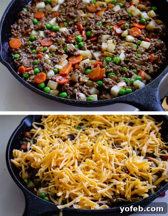 One Skillet Shepherd's Pot Pie from The Food Charlatan. It's like Shepherd's Pie and Chicken Pot Pie got together and had a baby to make a One Skillet Shepherd's Pot Pie! Regular skillet shepherd's pie would feature mashed potatoes, but instead we are covering ours up with a super flaky pie crust, just like it's a pot pie. It's comfort food heaven!! #recipe #easy #best #beef #traditional #skillet #castiron #casserole #withgravy #withcrust #cheddar #onepot #cheese #carrots #peas #flaky #crust skillet shepherds pie with golden crust and beef filling