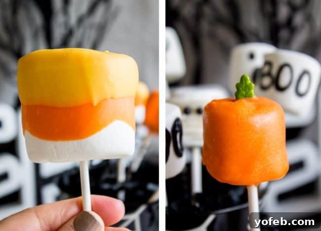 Marshmallow Pop Tutorial: The initial dipping stage for Halloween treats. A step-by-step image depicting the initial stages of making marshmallow pops, with marshmallows already on lollipop sticks, melted green candy in a mug, and a marshmallow being submerged for its first coat.