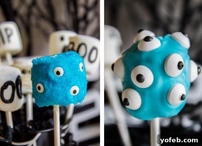 Whimsical Monster Marshmallow Pops: A creative Halloween treat for kids. A close-up shot of three whimsical monster marshmallow pops, each coated in different vibrant candy colors, adorned with sprinkles and multiple candy eyes, embodying playful Halloween creativity.