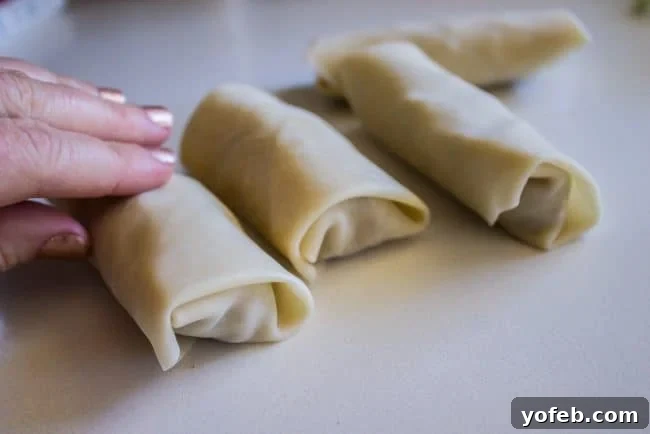 Cheeseburger Egg Rolls from The Food Charlatan. These have got to be one of the best mashups of all time! I mean, cheesy hamburger filling that's deep fried in wrappers?? How can we go wrong here? Dip it in a delicious fry sauce and you will be in cheeseburger heaven in no time! #cheeseburger #burger #hamburger #cheesy #cheese #fried #deepfried #easy #recipe #beef #homemade #howtomake #frysauce #appetizer #dip Final step in rolling a cheeseburger egg roll, sealing the top flap.
