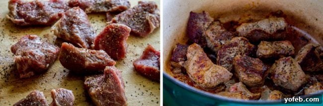 Searing beef for chili - Essential for deep flavor. Chuck roast being browned in a hot skillet before going into the slow cooker for chili.