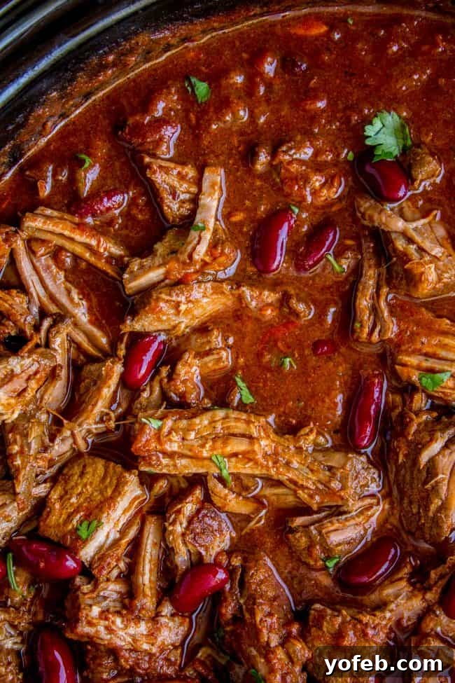 Slow cooker chili ready for serving, garnished with cilantro. Overhead shot of rich slow cooker chili with kidney beans and tender shredded beef, garnished with fresh cilantro, still in the crockpot.