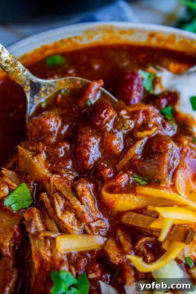 Spoonful of chili with delicious toppings. A spoon dipping into a bowl of rich, slow-cooked chili, topped with vibrant cheddar cheese, finely chopped onions, and fresh cilantro.