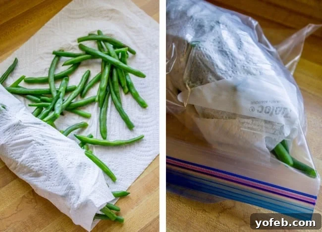 Bright Lemon Almond Green Beans 7 Blanched green beans being dried with a paper towel and stored in a plastic bag.
