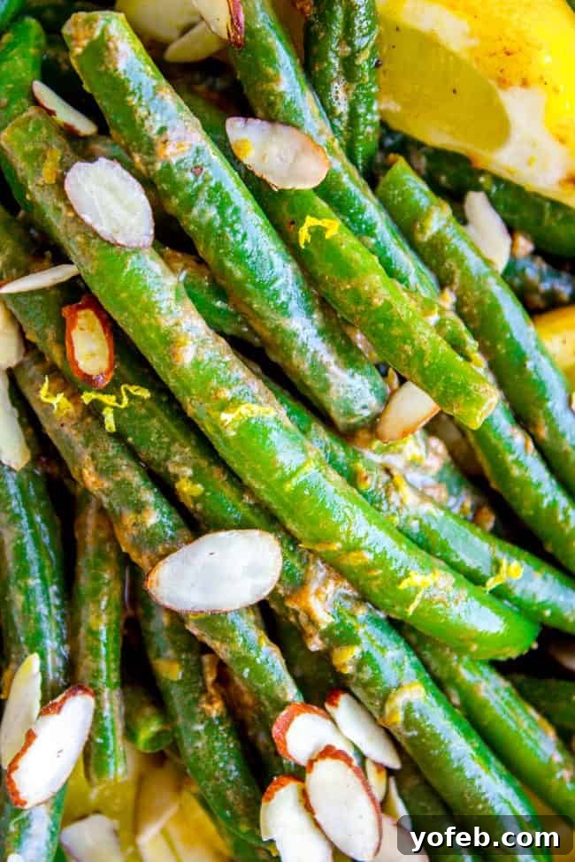 Bright Lemon Almond Green Beans 10 A serving of green beans with bright lemon zest and toasted almonds, ready to be enjoyed.