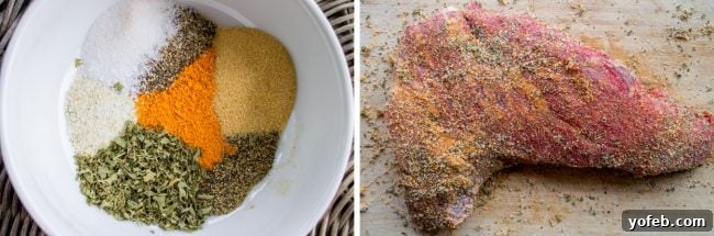 How to Cook Tri Tip (Grilled or Oven-Roasted) from The Food Charlatan. If you've never had tri tip, you haven't lived! I will show you how to cook tri tip on the grill or in the oven. It's SO easy and the flavor is unbeatable! We always had tri tip for Christmas dinner growing up, it's an impressive holiday dinner! #intheoven #grilled #garlic #recipes #marinade #dinner #bbq #howtocook #rub #sandwich #santamaria #seasoning #steak #baked #roast #Christmas #Thanksgiving #Easter #beef #best A bowl of fragrant spices sits beside a raw, seasoned tri-tip roast, ready for marination.
