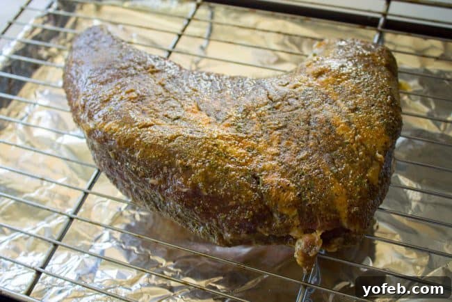 How to Cook Tri Tip (Grilled or Oven-Roasted) from The Food Charlatan. If you've never had tri tip, you haven't lived! I will show you how to cook tri tip on the grill or in the oven. It's SO easy and the flavor is unbeatable! We always had tri tip for Christmas dinner growing up, it's an impressive holiday dinner! #intheoven #grilled #garlic #recipes #marinade #dinner #bbq #howtocook #rub #sandwich #santamaria #seasoning #steak #baked #roast #Christmas #Thanksgiving #Easter #beef #best Raw tri-tip roast, seasoned and placed on a cooling rack over a foil-lined baking sheet, prepared for oven roasting.