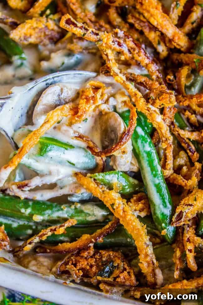 Irresistible Fresh Green Bean Casserole Recipe Close-up of Green Bean Casserole featuring fresh green beans, creamy mushroom sauce, and crispy fried onions.