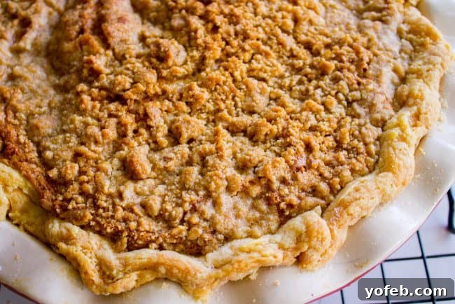 Pecan Pie Recipe with Buttery Streusel Topping from The Food Charlatan. This is not your average Pecan Pie recipe! First we brown the butter, then we adds toffee bits (which melt into a glorious caramel filling), and THEN we top it off with a supremely buttery streusel that I promise is not too sweet, but instead adds the perfect crunch. #easy #recipe #brownsugar #pecan #pie #crumble #streusel #topping #crust #homemade #best #crust #filling #caramel #toffee #brownbutter #recipe #thanksgiving A perfectly baked pecan pie with a golden, crumbly streusel topping, showcasing the irresistible texture.