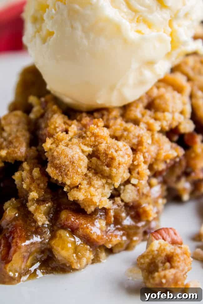 Pecan Pie Recipe with Buttery Streusel Topping from The Food Charlatan. This is not your average Pecan Pie recipe! First we brown the butter, then we adds toffee bits (which melt into a glorious caramel filling), and THEN we top it off with a supremely buttery streusel that I promise is not too sweet, but instead adds the perfect crunch. #easy #recipe #brownsugar #pecan #pie #crumble #streusel #topping #crust #homemade #best #crust #filling #caramel #toffee #brownbutter #recipe #thanksgiving a slice of streusel topped pecan pie with a scoop of creamy vanilla ice cream, ready to be enjoyed.