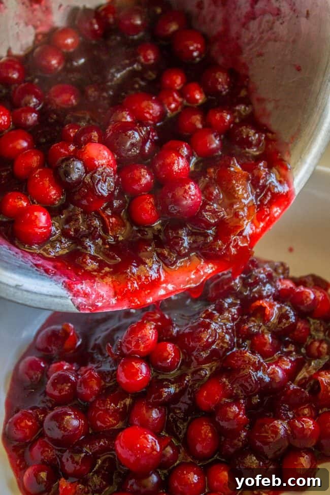 Serving Homemade Cranberry Sauce Pouring freshly made homemade cranberry sauce into a white serving bowl, ready for the table.