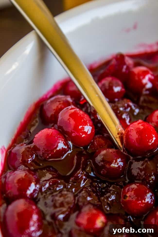 Homemade Cranberry Sauce with Spoon Homemade cranberry sauce in a white bowl with a golden spoon, ready to be enjoyed.