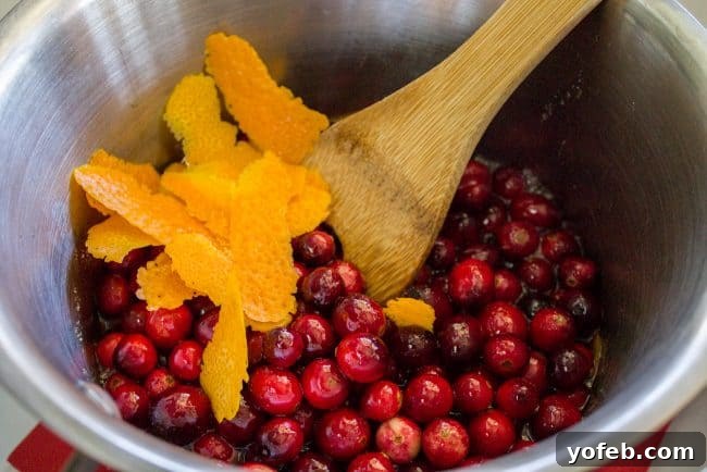 Infusing Cranberry Sauce with Orange Peel Stirring aromatic orange peel into simmering cranberries in a pot, infusing flavor.