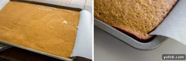 Two images: top shows pumpkin cake batter spread in a jelly roll pan, bottom shows the baked pumpkin cake ready to be rolled.